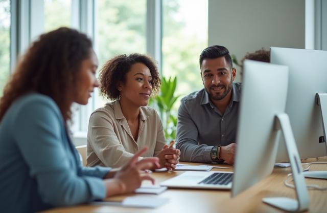 Team members discussing digital solutions in a modern office.